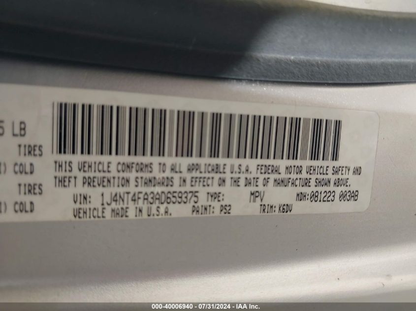 2010 Jeep Compass Sport VIN: 1J4NT4FA3AD659375 Lot: 40006940