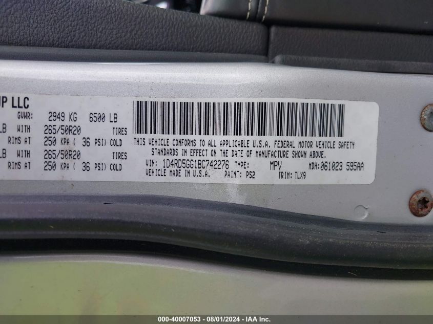 2011 Dodge Durango Citadel VIN: 1D4RD5GG1BC742276 Lot: 40007053
