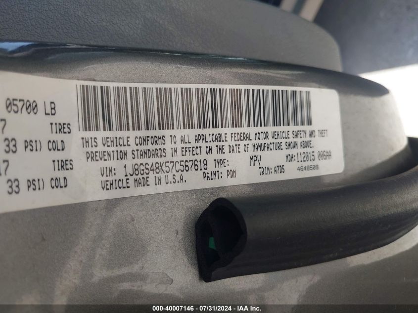 2007 Jeep Grand Cherokee Laredo VIN: 1J8GS48K57C567618 Lot: 40007146