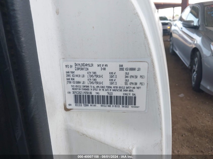 2001 Dodge Ram 2500 St VIN: 3B7KC26Z11M258186 Lot: 40007158