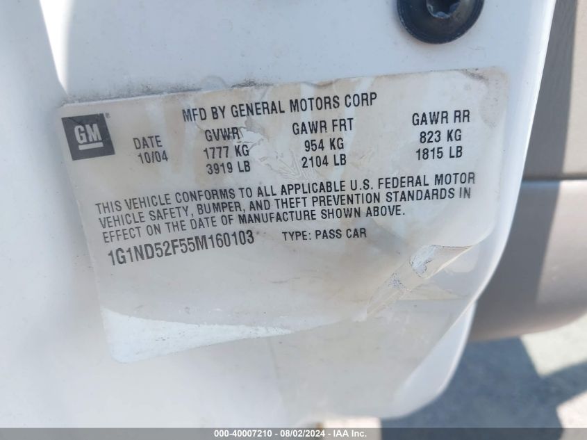 2005 Chevrolet Classic VIN: 1G1ND52F55M160103 Lot: 40007210
