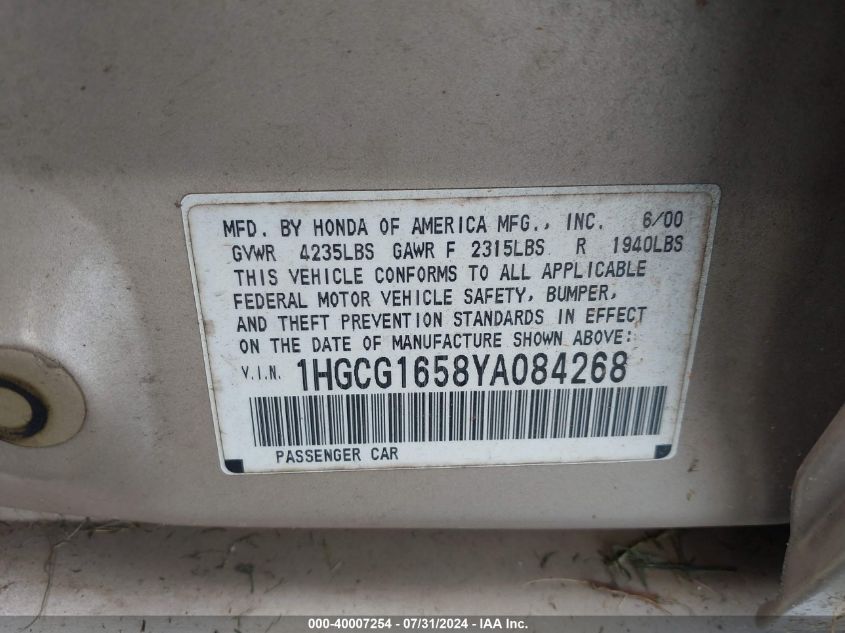 2000 Honda Accord 3.0 Ex VIN: 1HGCG1658YA084268 Lot: 40007254