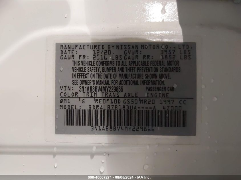 2021 Nissan Sentra S Xtronic Cvt VIN: 3N1AB8BV4MY229866 Lot: 40007271