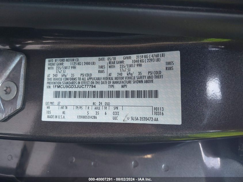 2018 Ford Escape Se VIN: 1FMCU9GD3JUC77794 Lot: 40007291