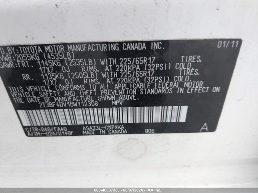 2011 Toyota Rav4 VIN: 2T3BF4DV1BW112308 Lot: 40007333
