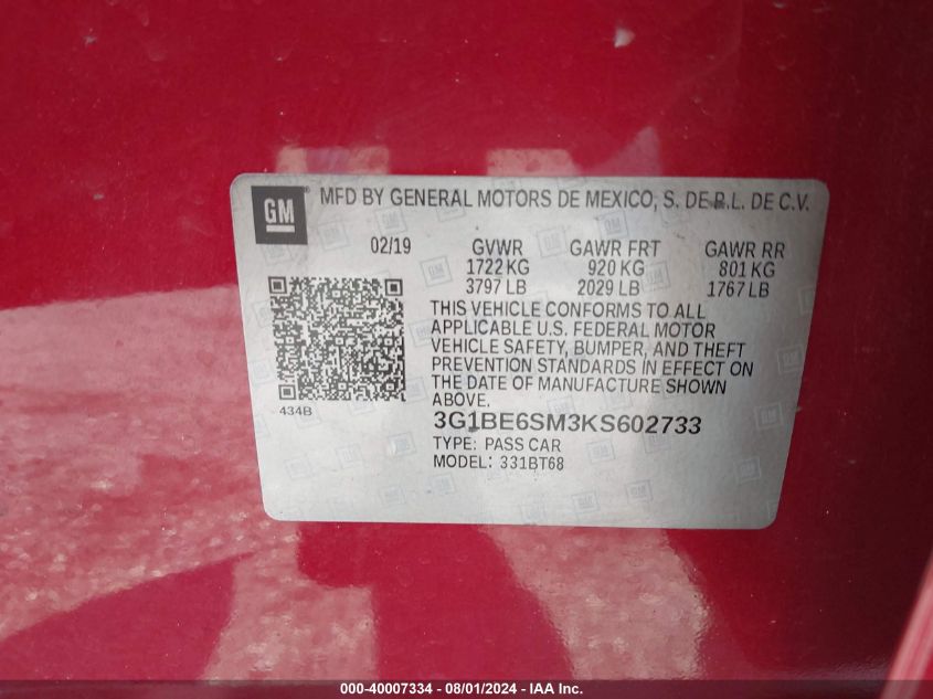 2019 Chevrolet Cruze Lt VIN: 3G1BE6SM3KS602733 Lot: 40007334