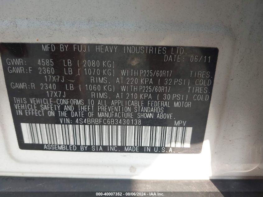 2011 Subaru Outback 2.5I Premium VIN: 4S4BRBFC6B3430138 Lot: 40007352