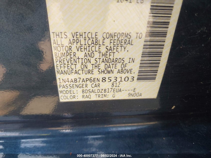 2014 Nissan Sentra Fe+ S/Fe+ Sv/S/Sl/Sr/Sv VIN: 1N4AB7AP6EN853103 Lot: 40007377