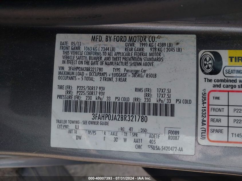 2011 Ford Fusion Sel VIN: 3FAHP0JA2BR321780 Lot: 40007393