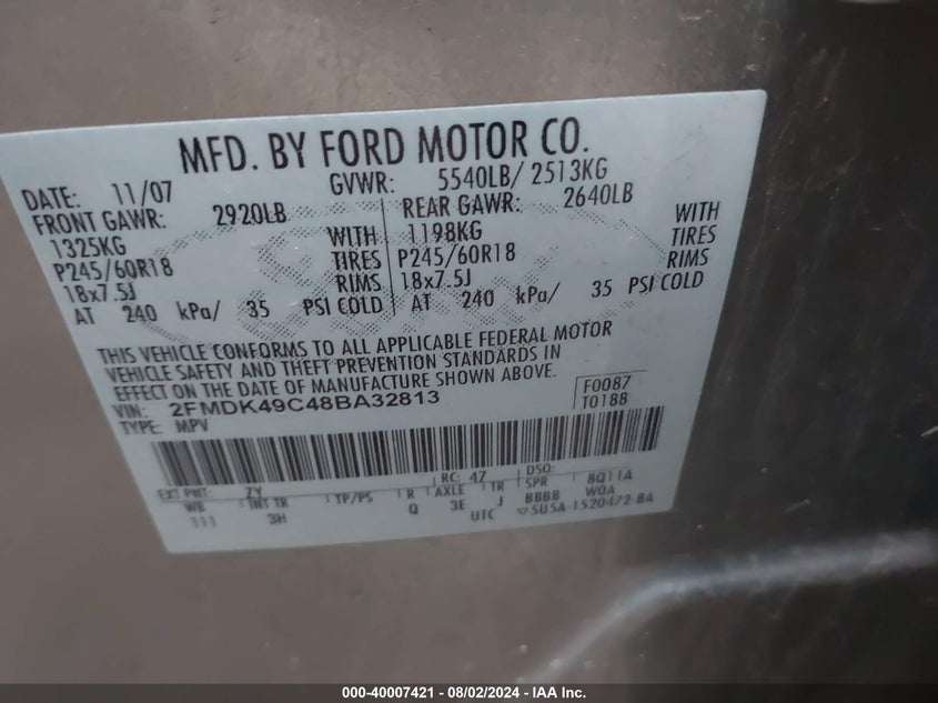 2008 Ford Edge Limited VIN: 2FMDK49C48BA32813 Lot: 40007421