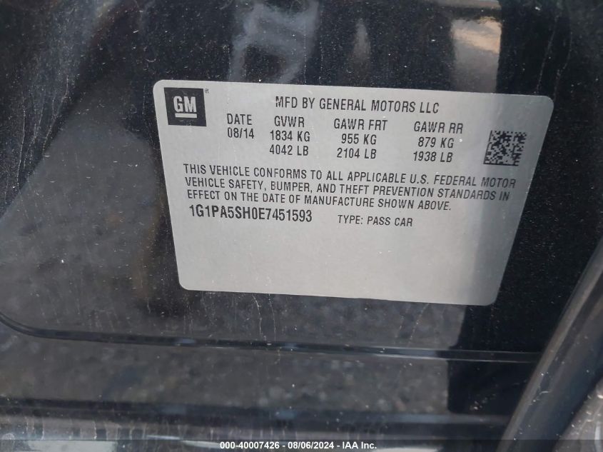 2014 Chevrolet Cruze Ls VIN: 1G1PA5SH0E745593 Lot: 40007426