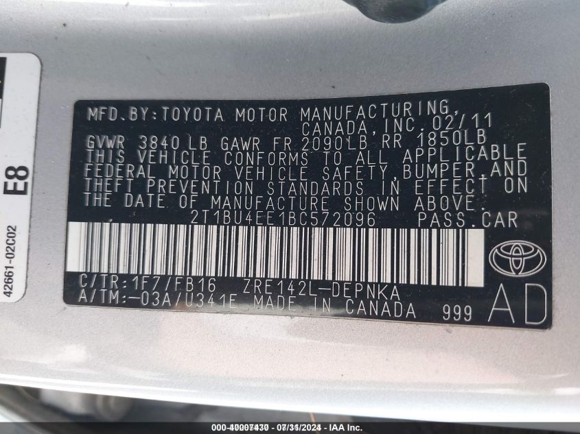 2T1BU4EE1BC572096 2011 Toyota Corolla Le