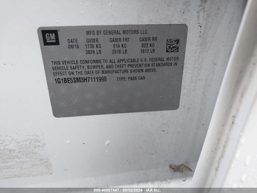 2017 Chevrolet Cruze Lt Auto VIN: 1G1BE5SM3H7111998 Lot: 40007447