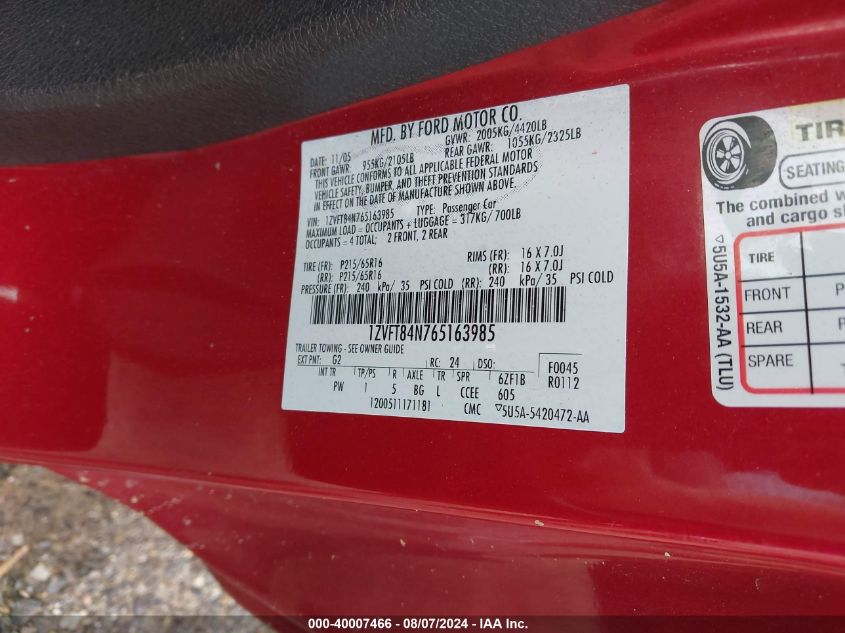 2006 Ford Mustang V6 VIN: 1ZVFT84N765163985 Lot: 40007466