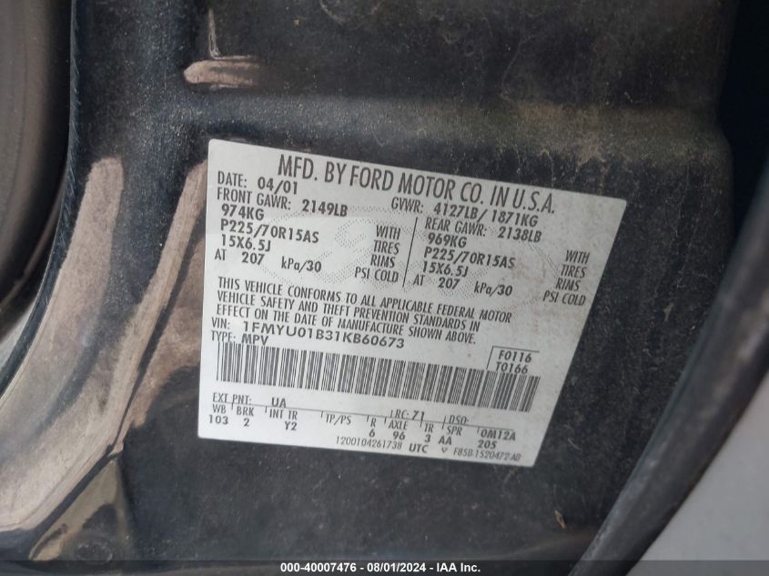 2001 Ford Escape Xls VIN: 1FMYU01B31KB60673 Lot: 40007476