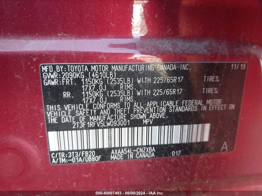 2020 TOYOTA RAV4 LE - 2T3F1RFV5LW093001