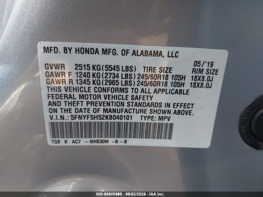 2019 Honda Pilot Ex-L VIN: 5FNYF5H52KB040101 Lot: 40007499