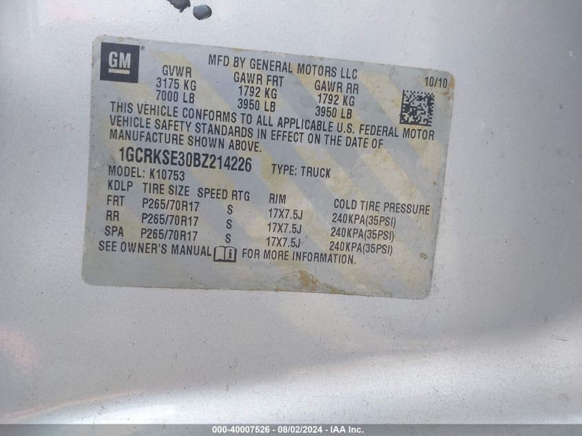2011 Chevrolet Silverado 1500 K1500 Lt VIN: 1GCRKSE30BZ214226 Lot: 40007526