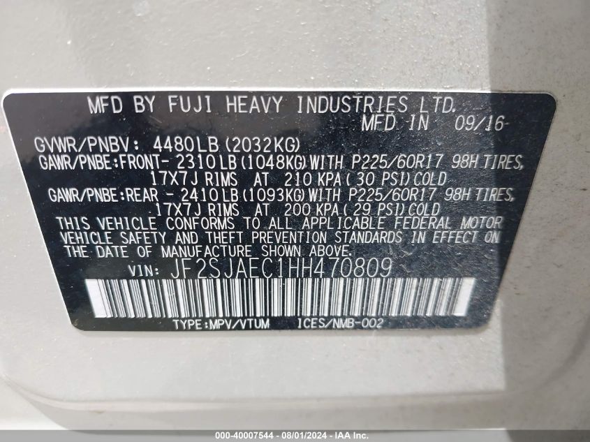 2017 Subaru Forester 2.5I Premium VIN: JF2SJAEC1HH470809 Lot: 40007544