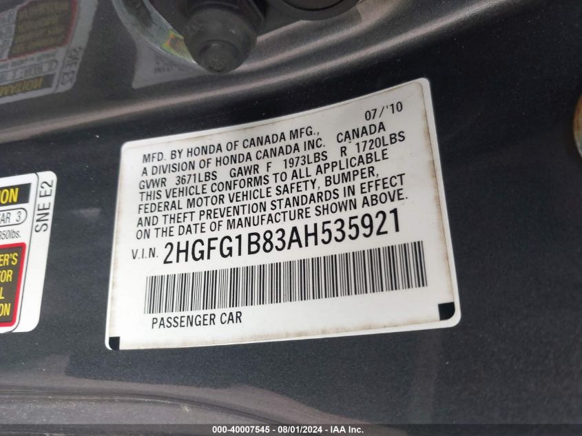 2010 Honda Civic Ex VIN: 2HGFG1B83AH535921 Lot: 40007545