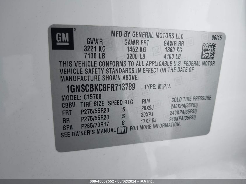 2015 Chevrolet Tahoe C1500 Lt VIN: 1GNSCBKC8FR713789 Lot: 40007552