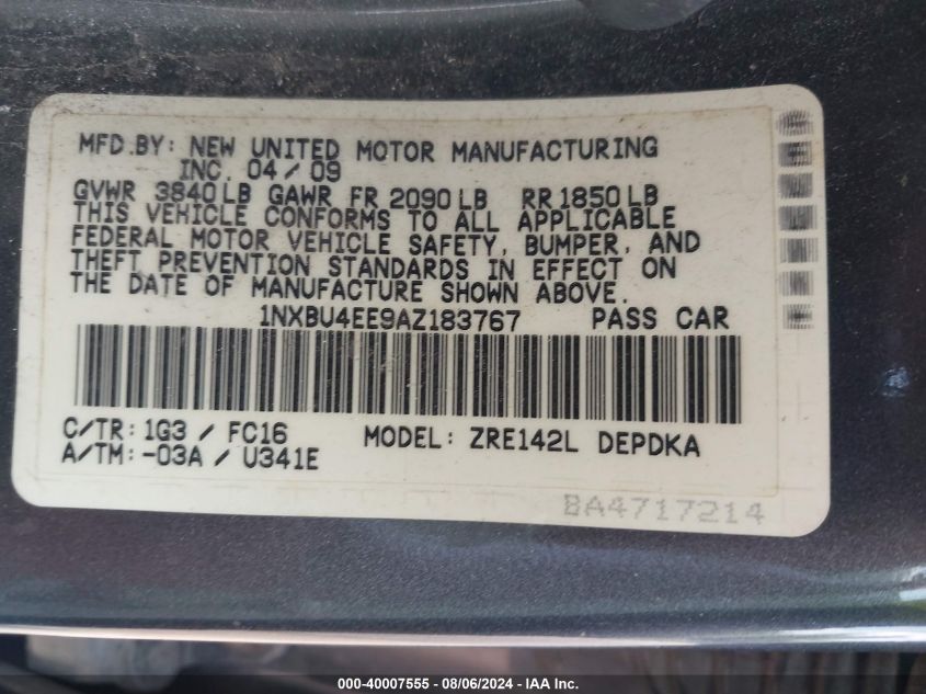 2010 Toyota Corolla S/Le/Xle VIN: 1NXBU4EE9AZ183767 Lot: 40007555