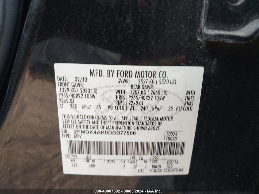 2013 Ford Edge Sport VIN: 2FMDK4AK0DBB77506 Lot: 40007592