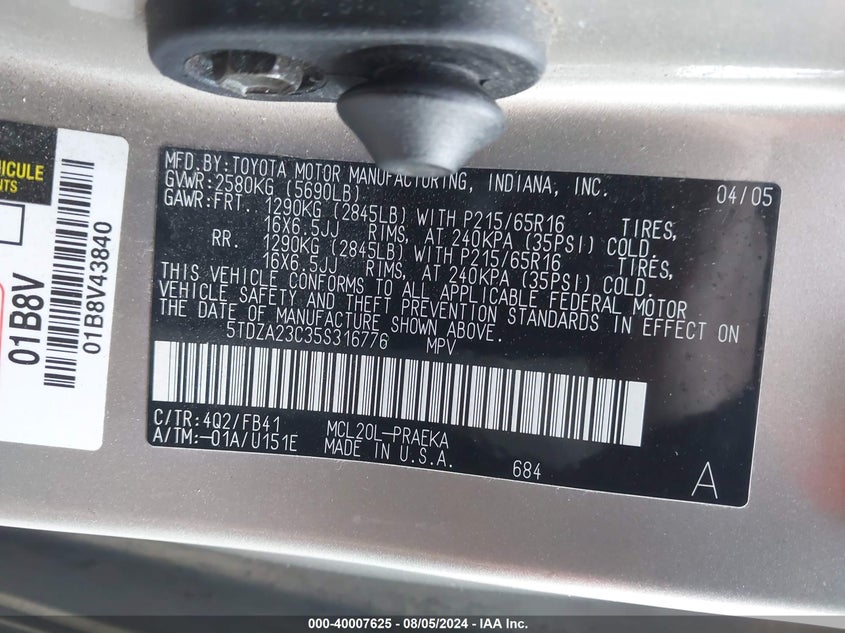 2005 Toyota Sienna Le VIN: 5TDZA23C35S316776 Lot: 40007625