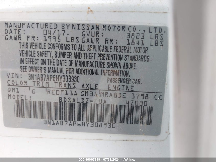 2017 Nissan Sentra Sv VIN: 3N1AB7AP6HY308930 Lot: 40007639