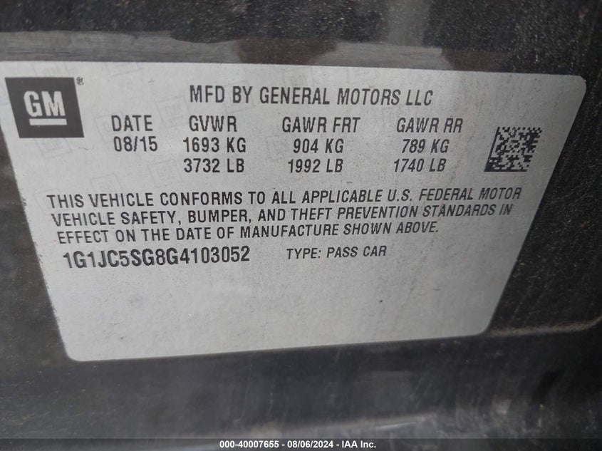 2016 Chevrolet Sonic Lt VIN: 1G1JC5SG8G4103052 Lot: 40007655