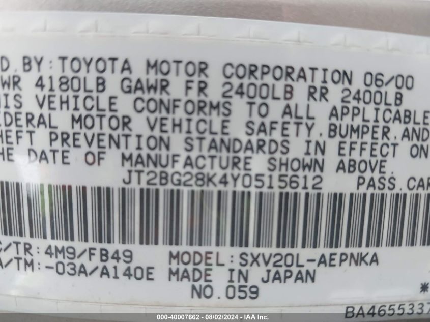 2000 Toyota Camry Le VIN: JT2BG28K4Y0515612 Lot: 40007662