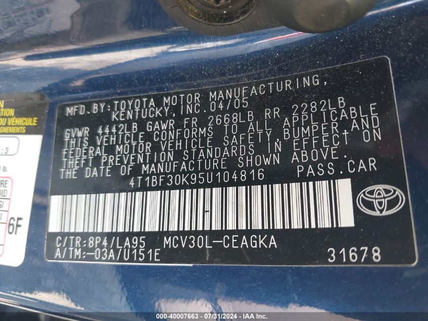 2005 Toyota Camry Xle V6 VIN: 4T1BF30K95U104816 Lot: 40007663