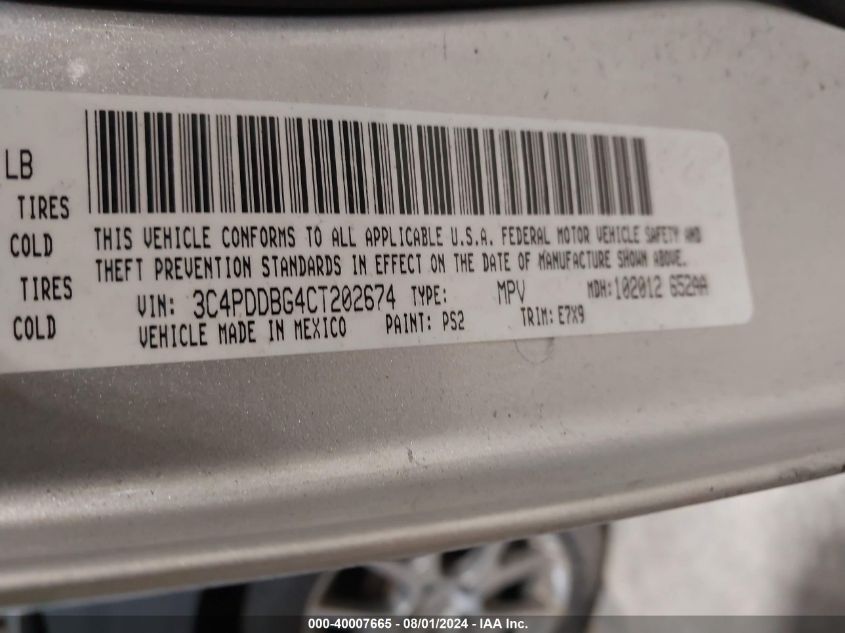 2012 Dodge Journey Sxt VIN: 3C4PDDBG4CT202674 Lot: 40007665