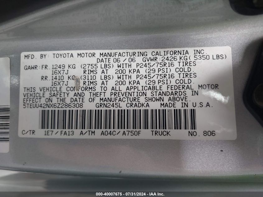 2006 Toyota Tacoma Base V6 VIN: 5TEUU42NX6Z286308 Lot: 40007675