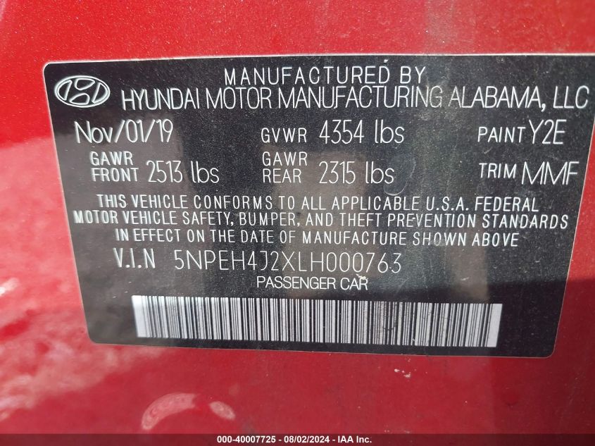 2020 Hyundai Sonata Limited VIN: 5NPEH4J2XLH000763 Lot: 40007725