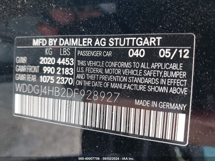 2013 Mercedes-Benz C 250 VIN: WDDGJ4HB2DF928927 Lot: 40007756