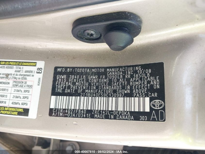 2009 Toyota Corolla Le VIN: 2T1BU40E59C130987 Lot: 40007810