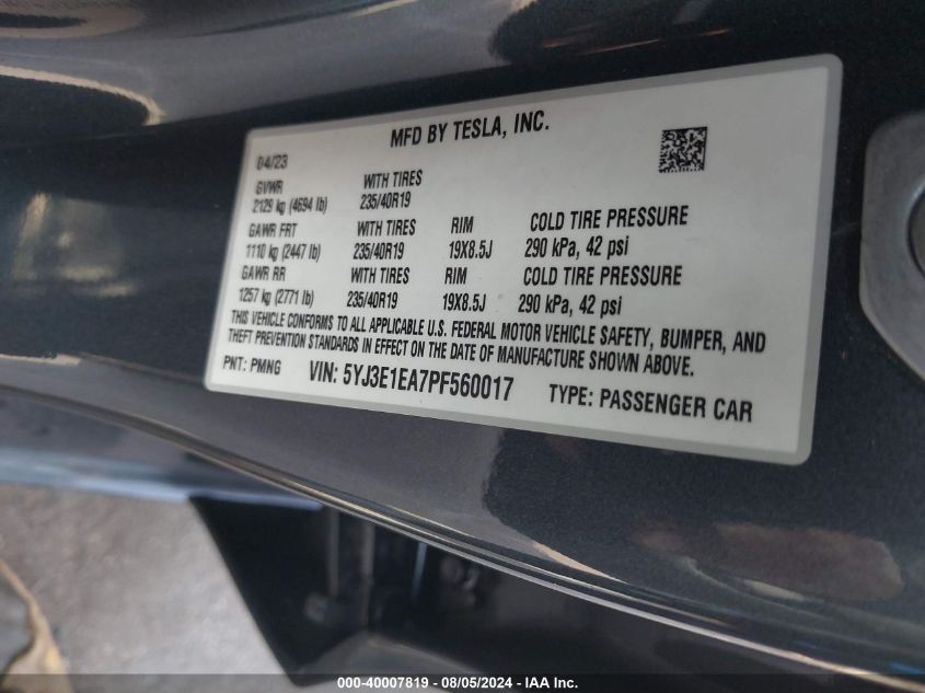 2023 Tesla Model 3 Rear-Wheel Drive VIN: 5YJ3E1EA7PF560017 Lot: 40007819