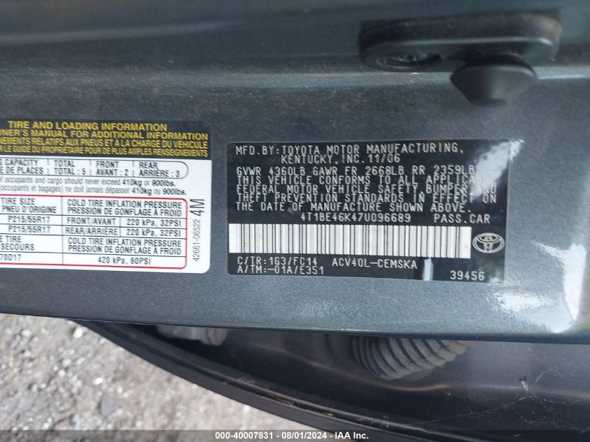 2007 Toyota Camry Ce/Le/Xle/Se VIN: 4T1BE46K47U096689 Lot: 40007831