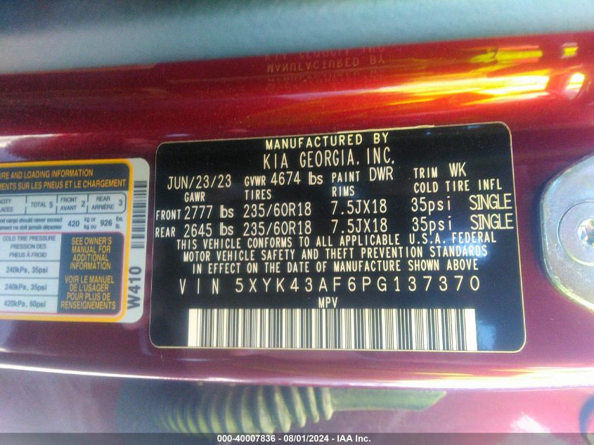 2023 Kia Sportage VIN: 5XYK43AF6TG137370 Lot: 40007836