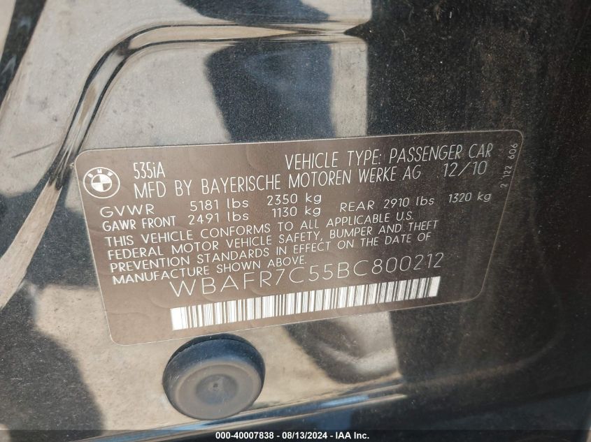 2011 BMW 535I VIN: WBAFR7C55BC800212 Lot: 40007838