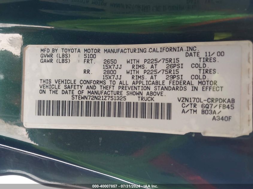 2001 Toyota Tacoma Base V6 VIN: 5TEWN72N21Z751325 Lot: 40007857