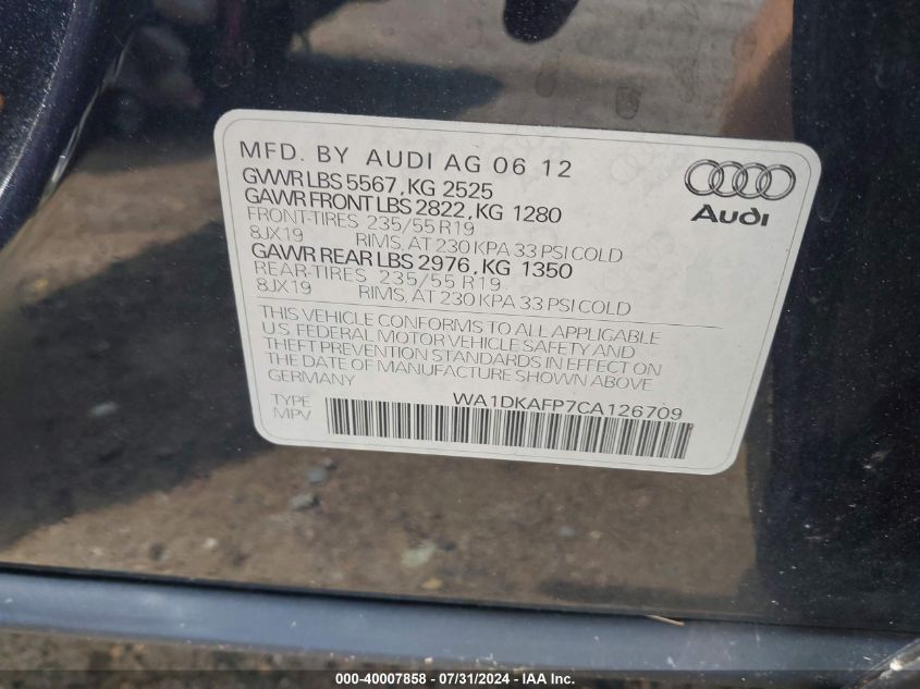 2012 Audi Q5 3.2 Premium Plus VIN: WA1DKAFP7CA126709 Lot: 40007858