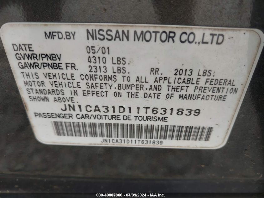 2001 Nissan Maxima Se VIN: JN1CA31D11T631839 Lot: 40007860