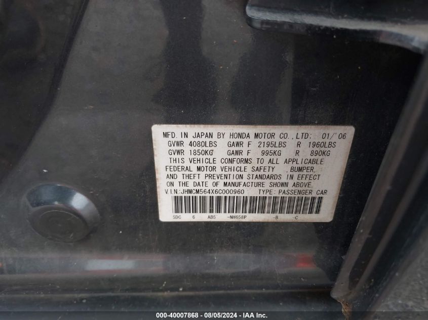 2006 Honda Accord 2.4 Lx VIN: JHMCM564X6C000960 Lot: 40007868