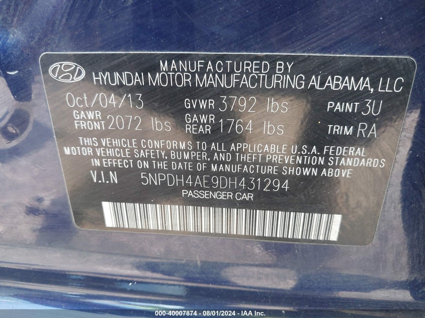 2013 Hyundai Elantra Gls/Limited VIN: 5NPDH4AE9DH431294 Lot: 40007874