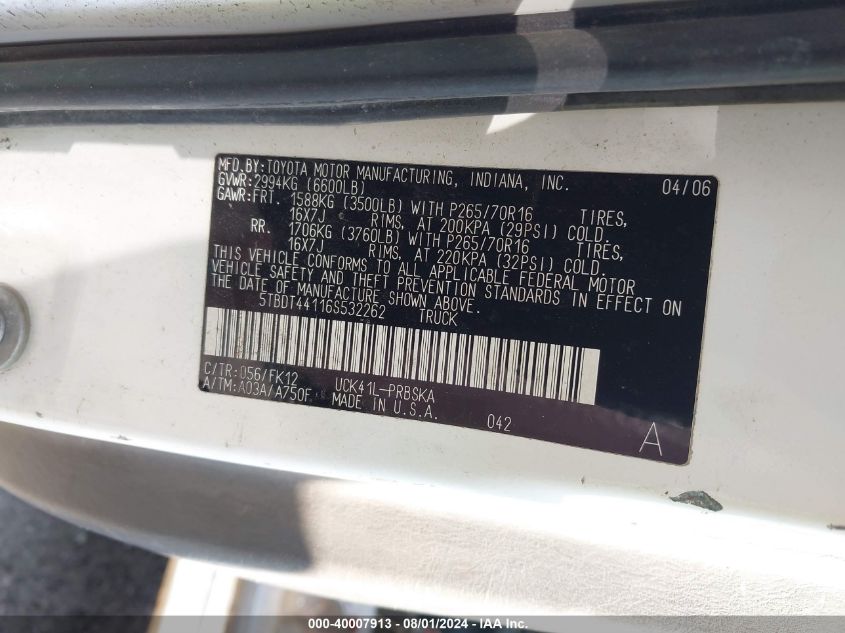 2006 Toyota Tundra Double Cab Sr5 VIN: 5TBDT44116S532262 Lot: 40007913