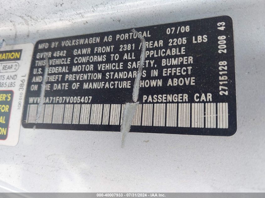 2007 Volkswagen Eos 2.0T VIN: WVWBA71F07V005407 Lot: 40007933