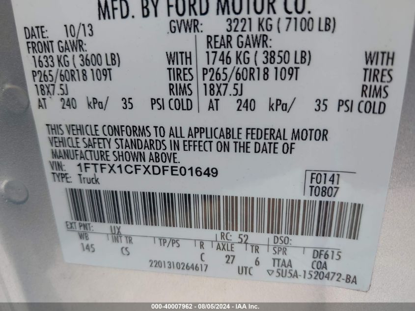 2013 Ford F-150 Stx VIN: 1FTFX1CFXDFE01649 Lot: 40007962