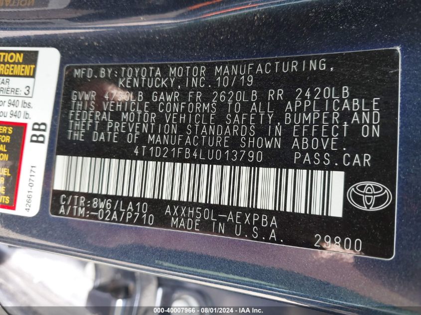 2020 Toyota Avalon Hybrid Limited VIN: 4T1D21FB4LU013790 Lot: 40007966